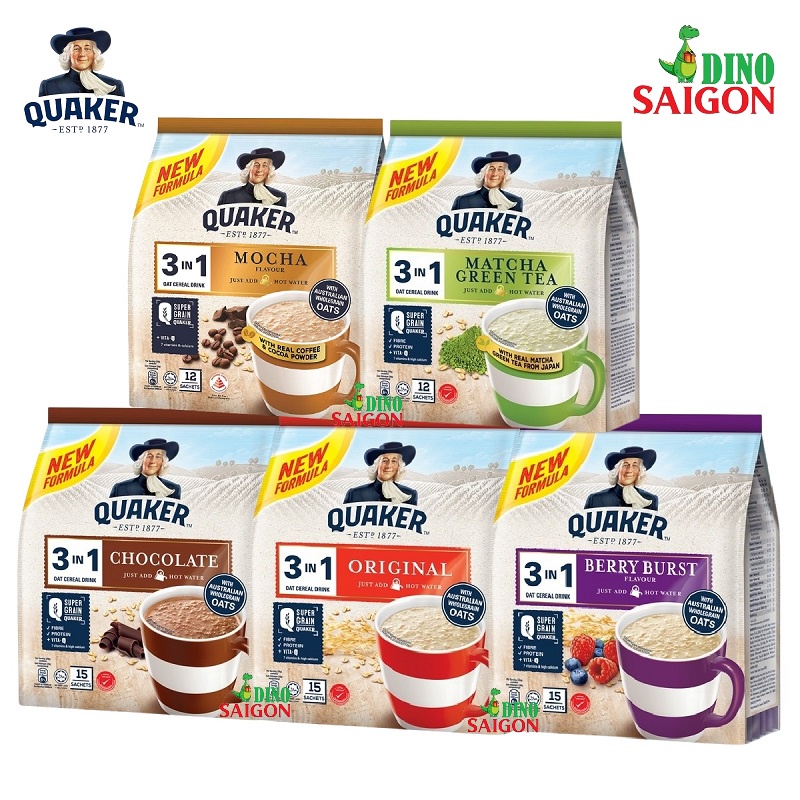 Thức Uống Yến Mạch Quaker 3in1 Các Vị Chocolate, Dâu Berry, Matcha Trà Xanh, Truyền Thống và Mocha Cà phê