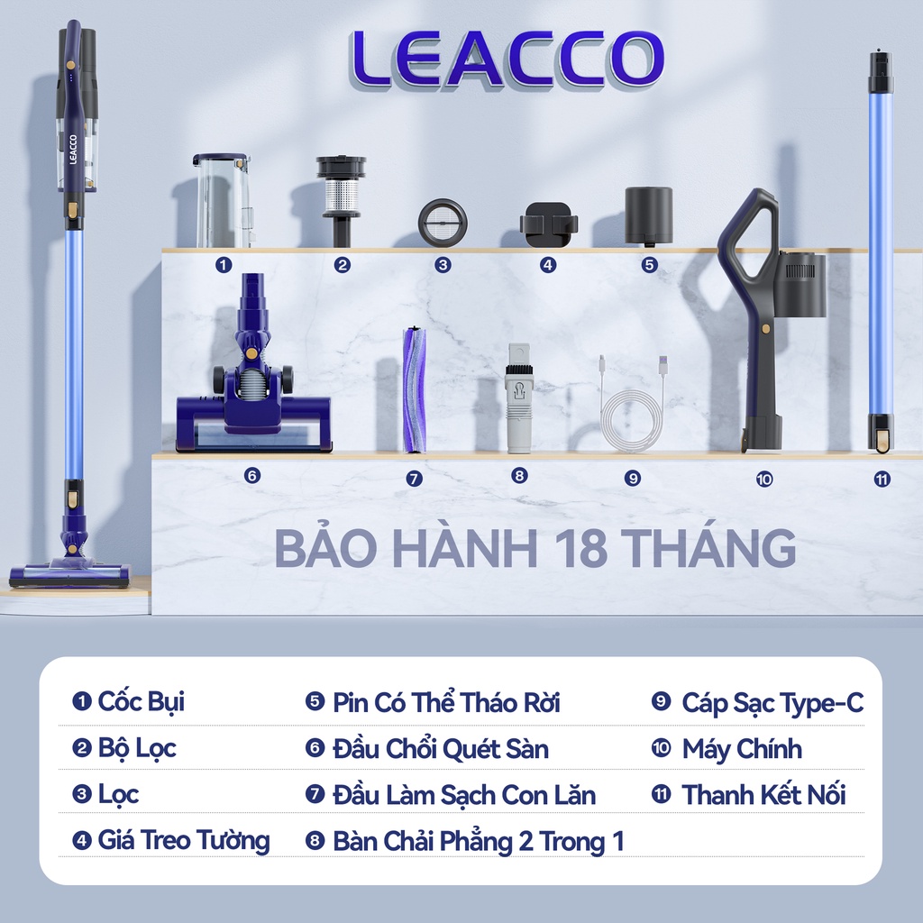 Máy hút bụi LEACCO S22 tự động không dây cầm tay hiện đại công suất cao cho gia đình và ô tô 20KPa