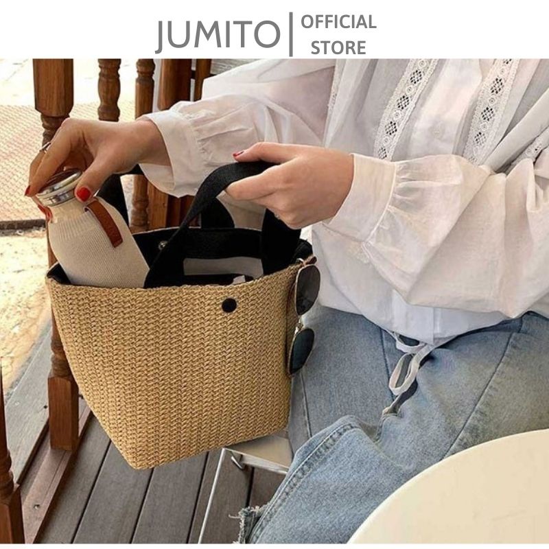 Túi xách nữ cói tote đi biển cầm tay size to vitage mẫu mới quai đen trắng JUMITO SF585