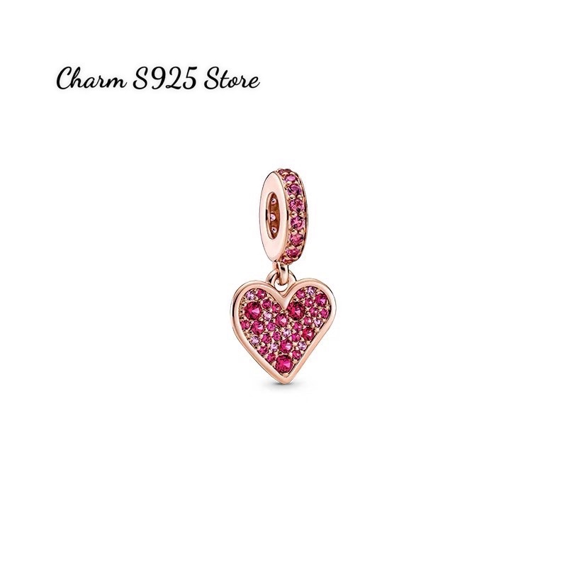 CHARM PAN ALE TREO TIM VÀNG HỒNG ĐÍNH ĐÁ ĐỎ BẠC S925 CAO CẤP