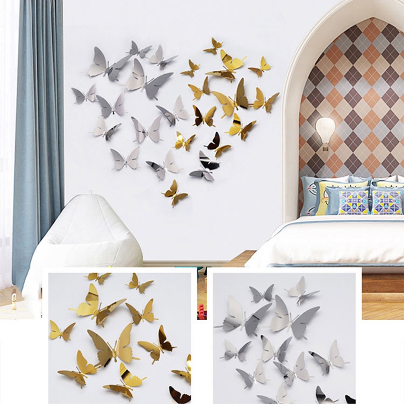 Set 12 Miếng Dán Trang Trí Tủ Lạnh Hình Bướm 3D Tráng Gương DIY