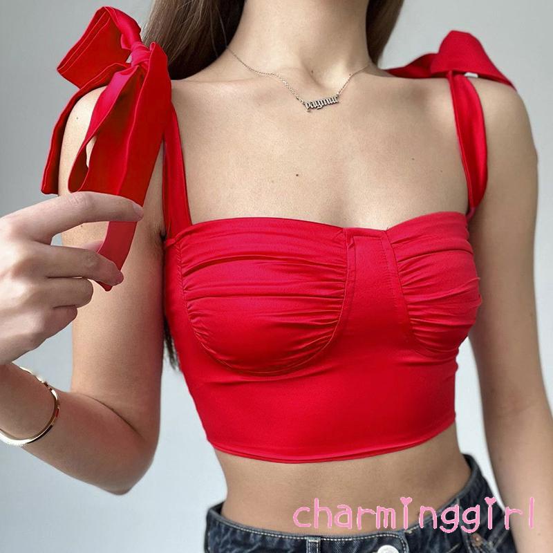 Áo Croptop Sát Nách Màu Sắc Trơn Thiết Kế Dây Đan Chéo Ngực Quyến Rũ