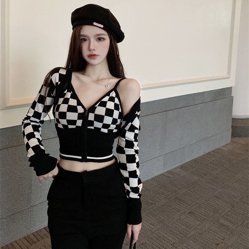 COZOK Set áo khoác Vest + áo cardigan kẻ sọc thời trang