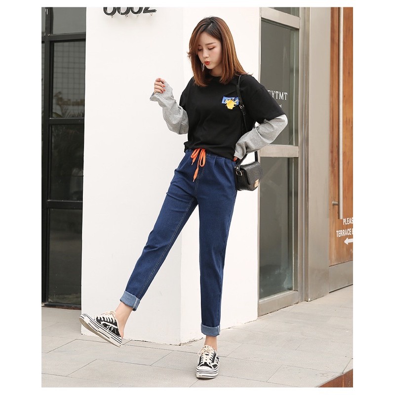 Ht-quần jean baggy big size trơn lưng thun dây rút size đại 65-120kg