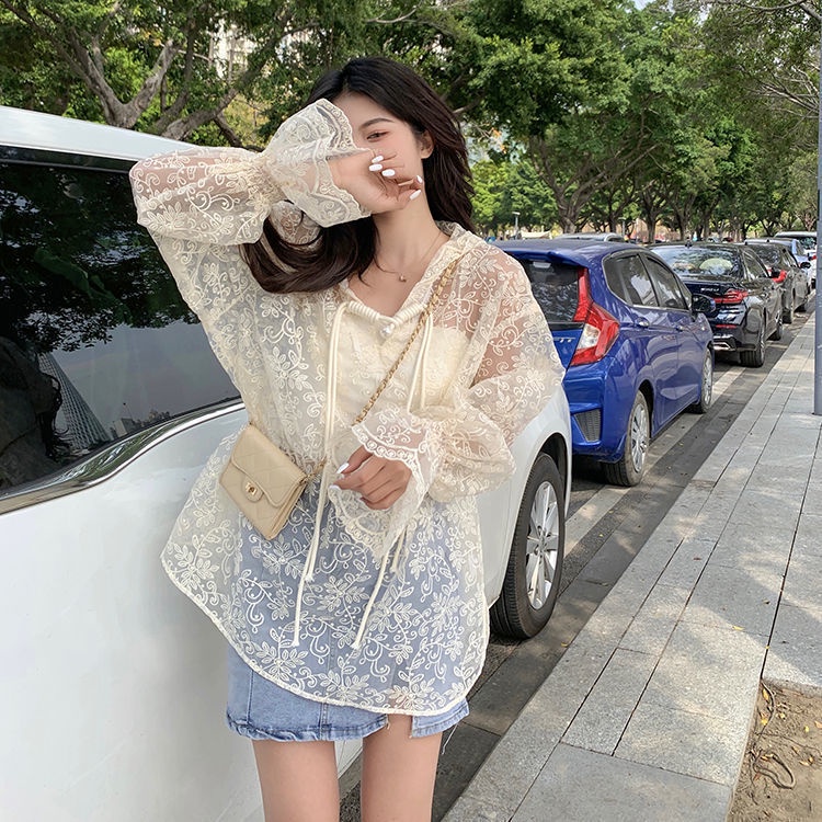Áo Khoác Chống Nắng Mỏng Tay Dài Có Mũ Trùm Phối Ren Phong Cách Thời Trang Hàn Quốc Mới Dành Cho Bạn Nữ 0845