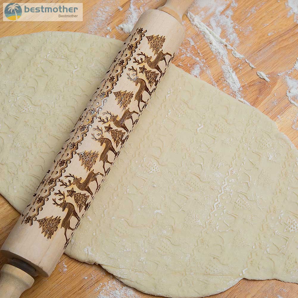 ✿BM✦ Christmas Rolling Pin Engraved Carved Wood Embossed Rolling Pin Kitchen Tool