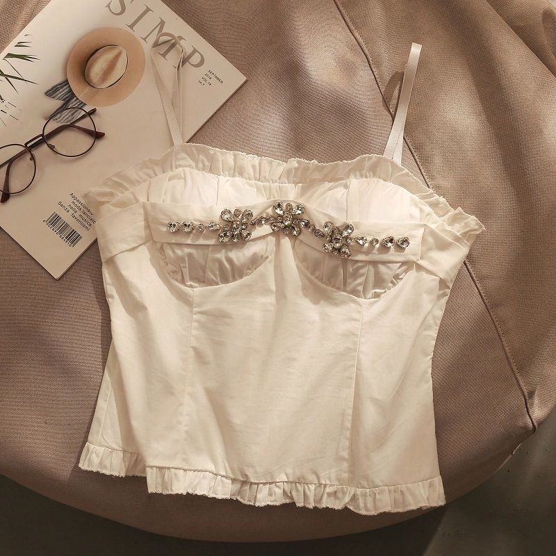 Áo Ngắn Hai Dây Dáng Ôm Đính Đá Thời Trang Mùa Xuân Phong Cách Mới Ngọt Ngào Cho Nữ