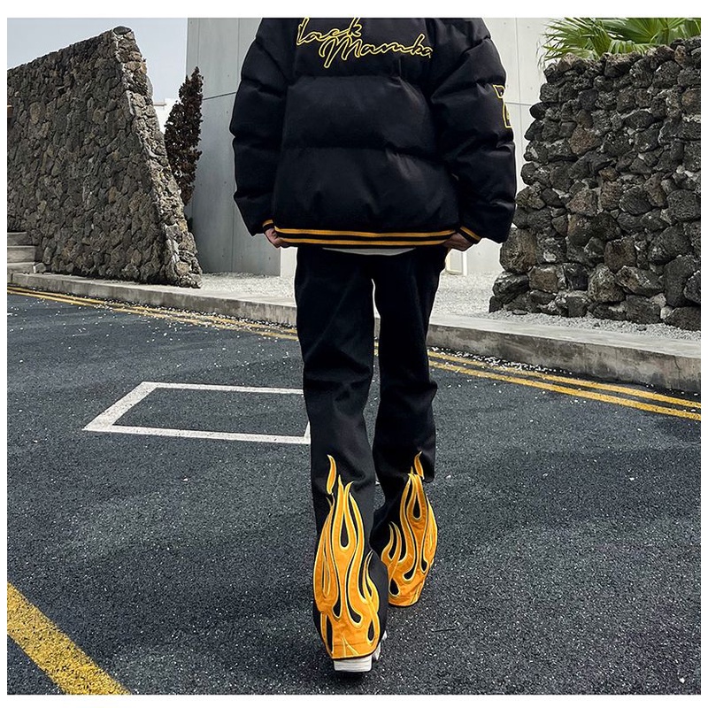 Quần Jean Dài Ống Rộng Thêu Họa Tiết Ngọn Lửa Phong Cách Hip Hop Đường Phố Mỹ Cho Nam