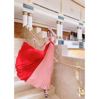 Đầm maxi dập ly phối màu cổ yếm hở lưng!