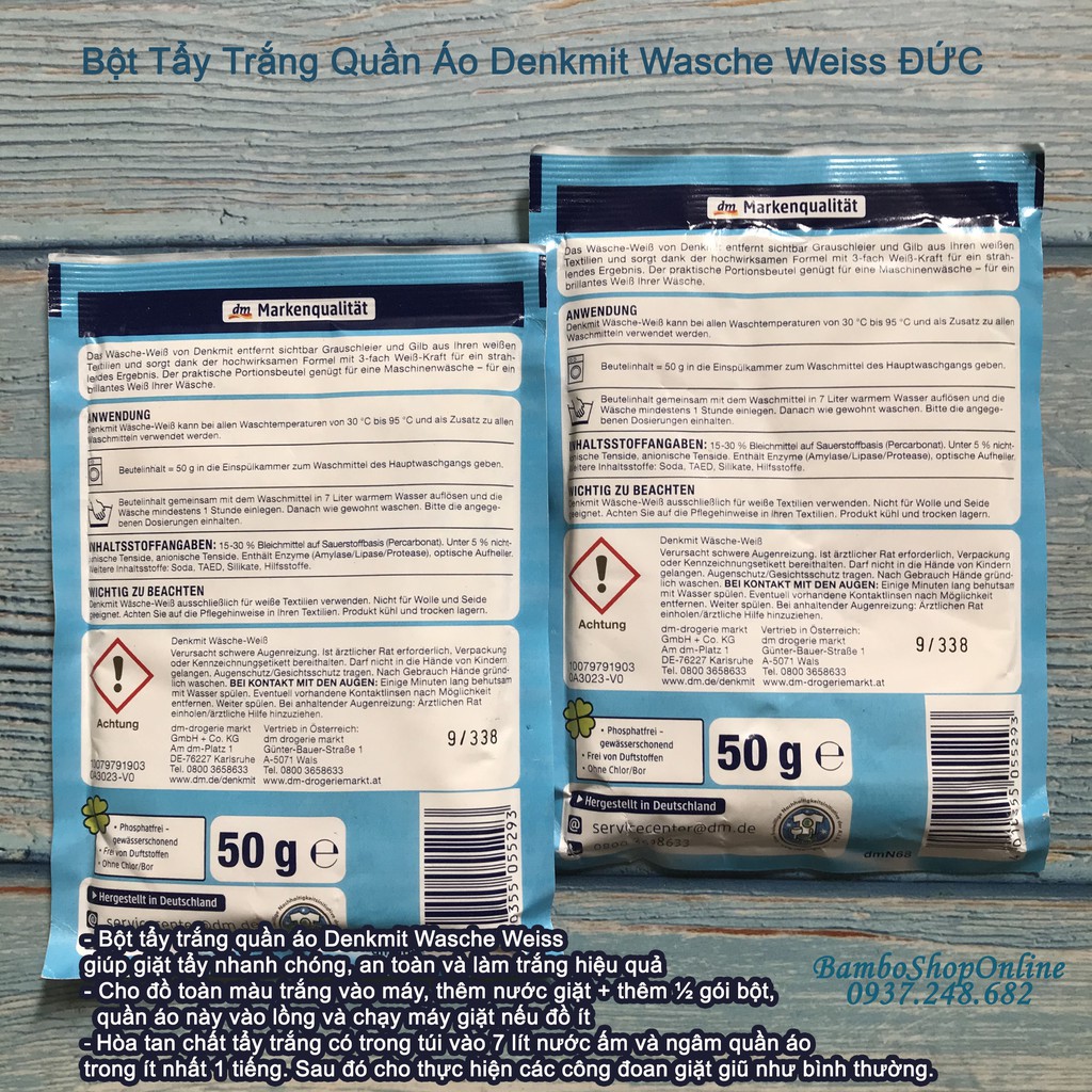 Bột Tẩy Trắng Quần Áo Denkmit Wasche Weiss, 50 gram tẩy trắng an toàn hiệu quả - Hàng nội địa Đức