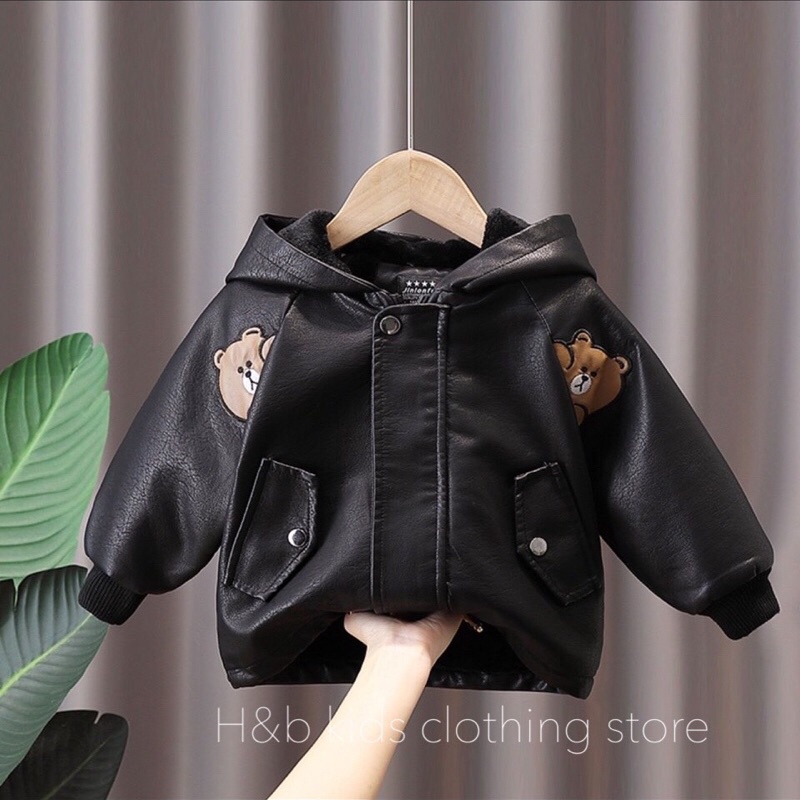 (jean baby kho sỉ) áo khoác da lót lông có mũ in hình gấu cho bé trai bé gái(8-18kg)