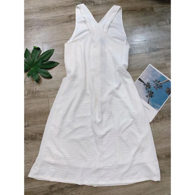 Đầm 2 dây đi biển ♥️ Váy 2 dây, váy maxi ♥️ Đầm dáng suông đan lưng chéo bản to ♥️ Đầm suông đũi trắng - NhimShop HD05