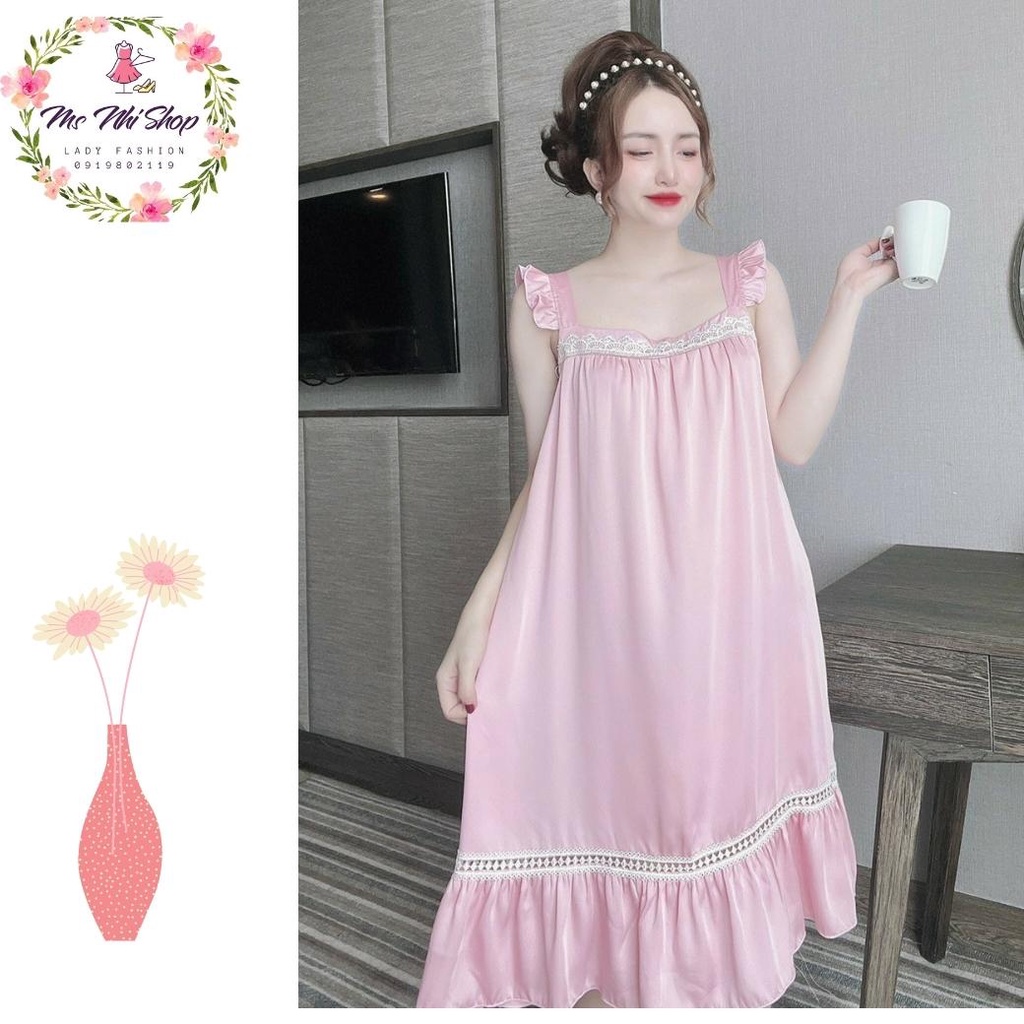 Đầm ngủ lụa latin, cổ vuông phối ren tay cánh tiên quyến rũ