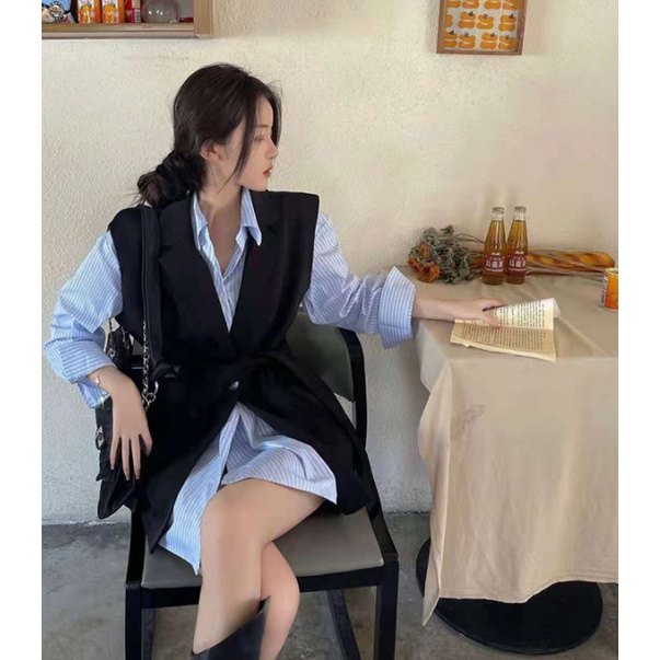 Set Áo Khoác Ghi Lê Đen Dài Tay Và Áo Khoác Không Tay Thắt Dây Thời Trang