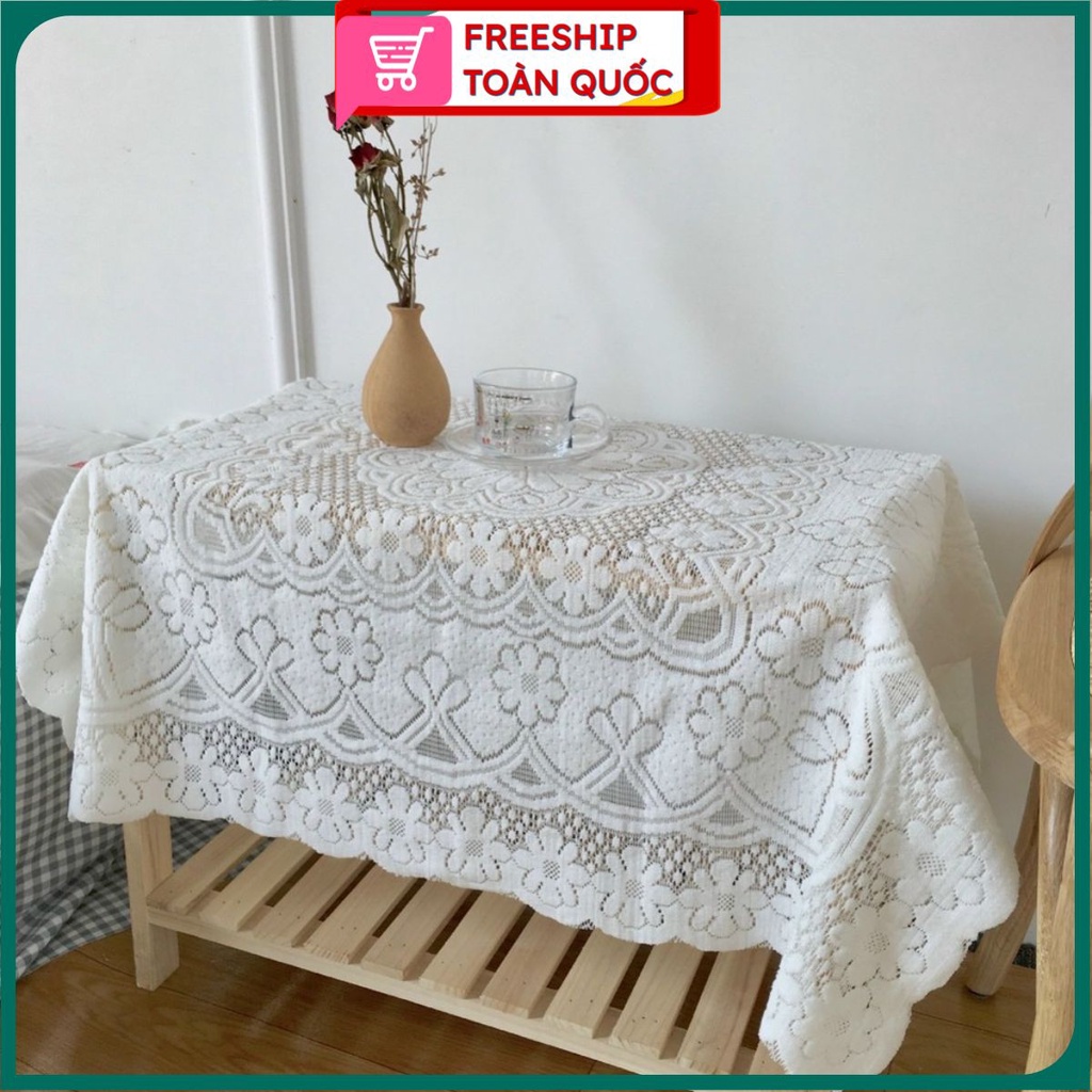 PVN32465 Khăn thêu ren trắng trải bàn, picnic phong cách retro T2 .