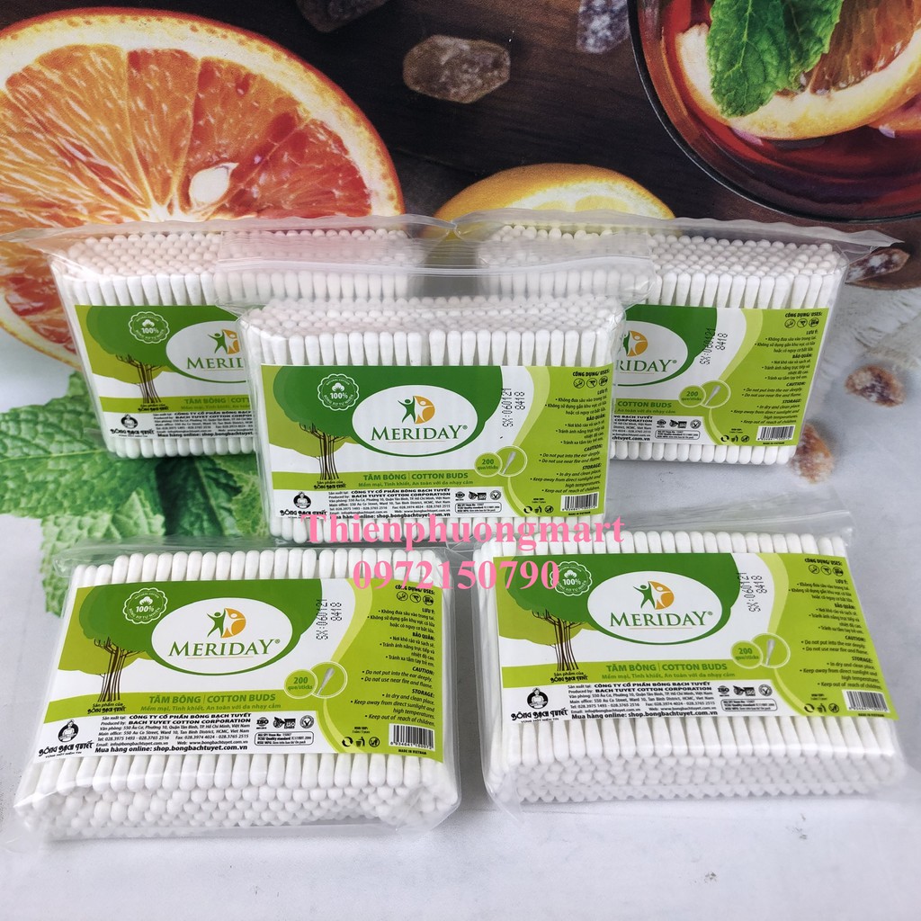 Tăm Bông Người Lớn Meriday 200 que/ Gói Zíp - Tăm Bông Bông Bạch Tuyết COTTON BUDS mẫu mới
