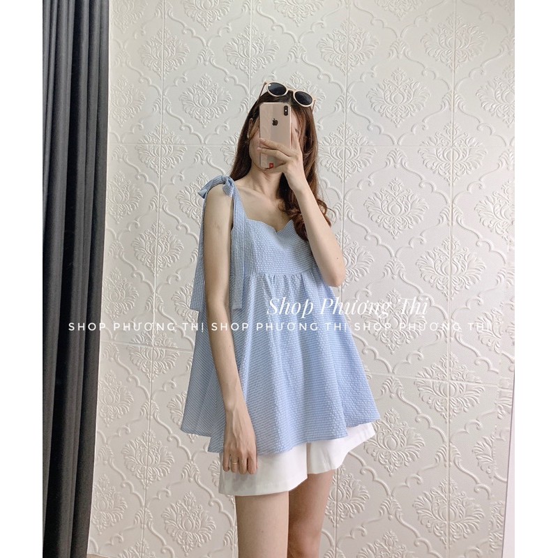 SET ÁO HAI DÂY KẺ XANH BABYDOLL KÈM QUẦN SOOC - Sét bộ ulzzang (hàng sẵn)