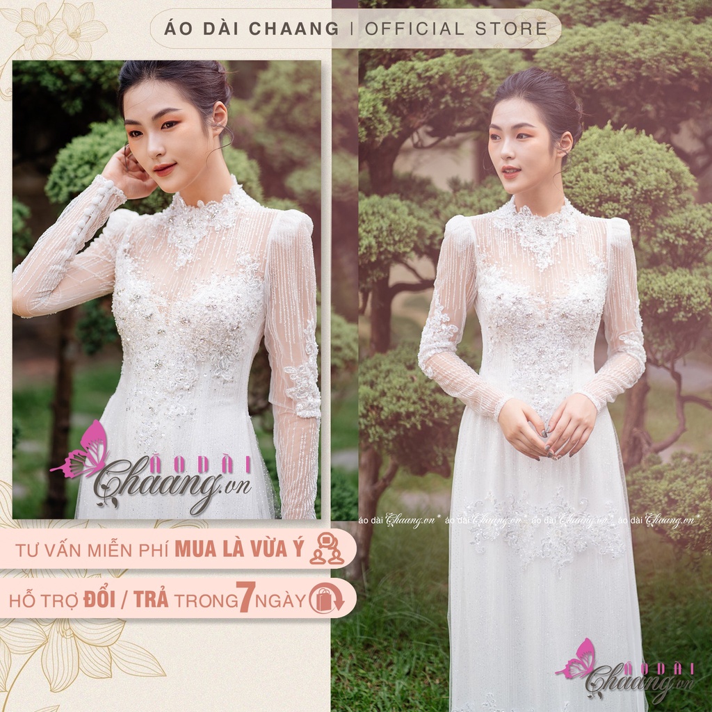 Áo dài cưới áo dài cô dâu 6 tà voan lụa kim sa trắng đẹp lấp lánh cao cấp