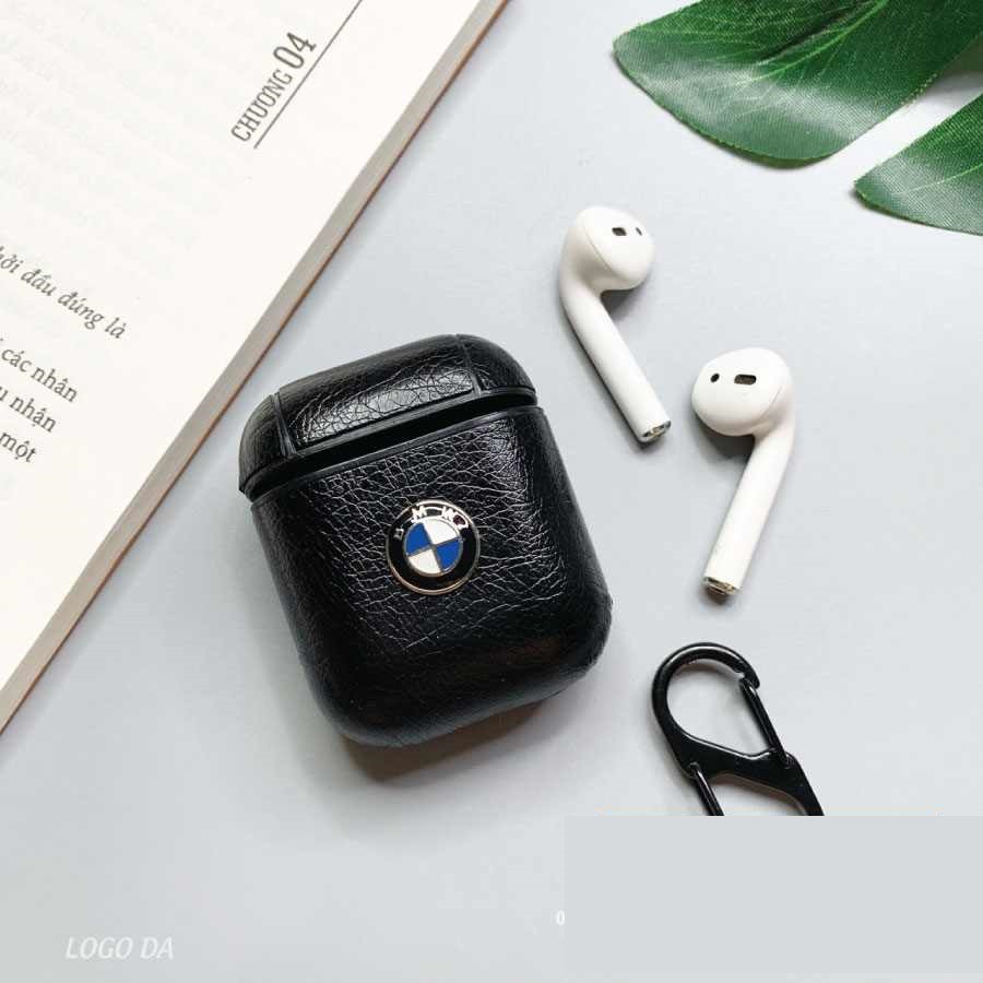 Case Airpods - Ốp Airpods 1/2 - giả da logo cực đẹp - Tặng kèm móc khóa inox (đen)