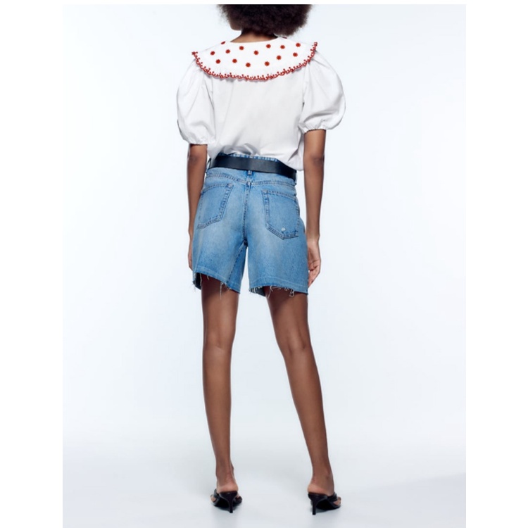Zara Áo Sơ Mi Trắng Tay Phồng Thêu Họa Tiết Thời Trang Mùa Hè Cho Nữ 0881425Áo blouse