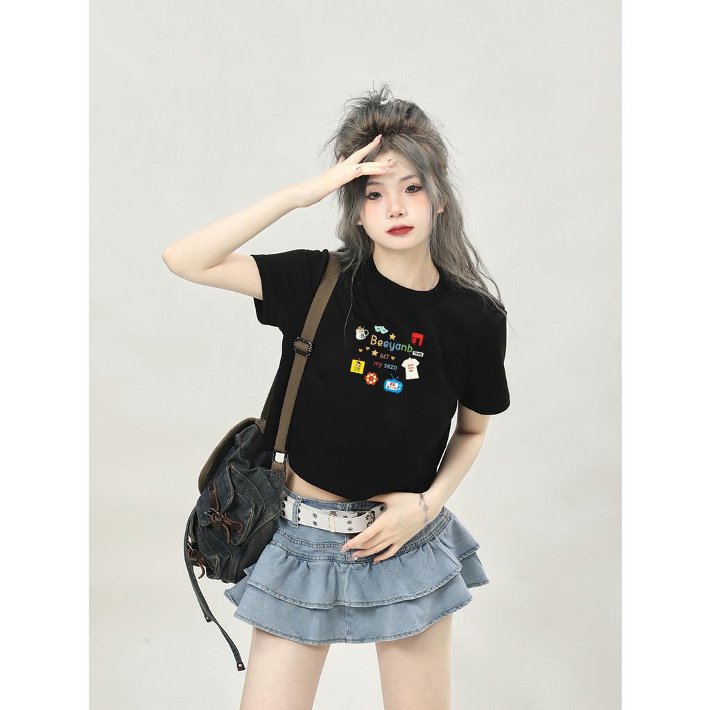 Áo Thun Crop top Y2K Tay Ngắn Màu Đen Dáng Ôm Phong Cách Mỹ Thời Trang Mùa Hè Cho Nữ