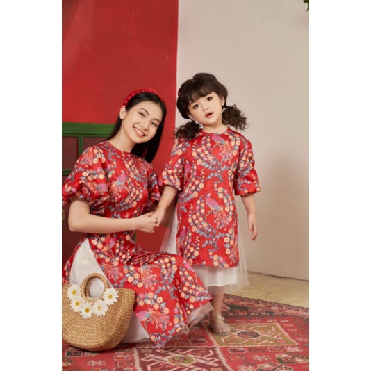🥰 Sét áo dài  cách tân  gấm ép mẹ bé họa tiết đẹp sang chảnh hàng thiết kế cao cấp cam kết ảnh thật 100%