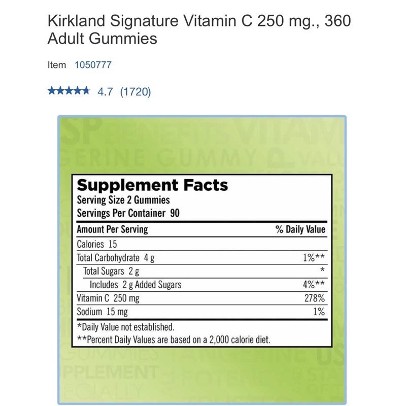 Kẹo dẻo Kirkland Signature Vitamin C 250mg Adult Gummies 180 viên[2022]