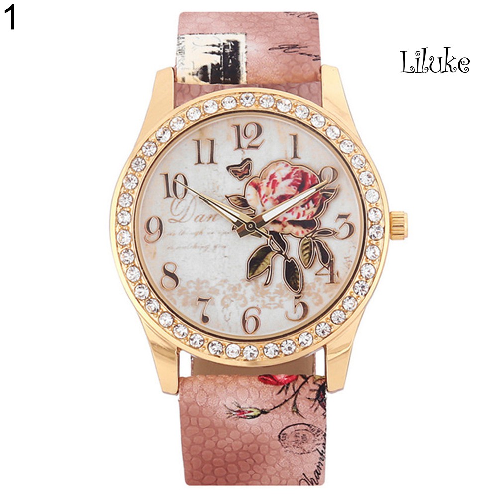 Đồng Hồ Đeo Tay Họa Tiết Hoa Hồng Đính Đá Thời Trang Xinh Xắn Cho Nữ