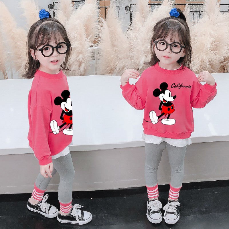 Đồ bộ bé gái thu đông  Set áo nỉ da cá dài tay, cổ tròn, họa tiết chuột mickey và quần legging cho bé từ 8 đến 20 kg