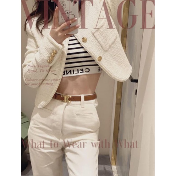Áo croptop sát nách ZARA thun cotton gân tăm thêu chữ ce.line trắng, đen, sọc