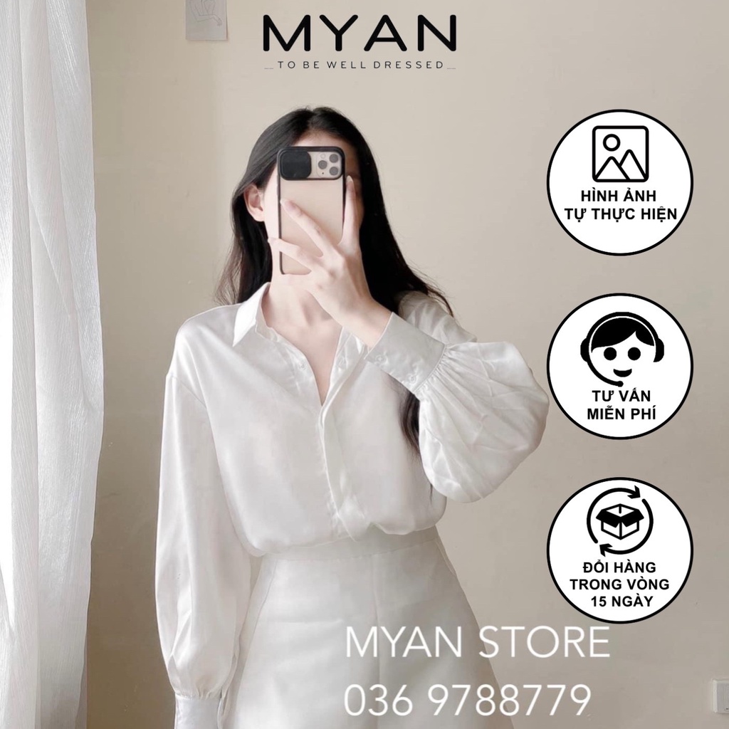 Áo Sơ Mi Dáng Rộng Lụa Trơn - Áo Sơ Mi Thiết Kê Cổ Đức Khuy Tà Ẩn (Trắng, Đen, Xanh, Nâu) MYAN - AVN082102