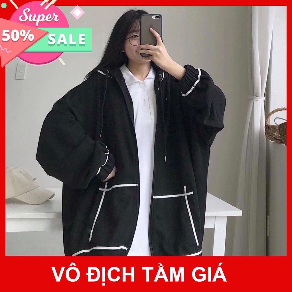 Áo Khoác Nỉ Khóa Zip Oversize Kẻ Viền Túi - Hoodie dáng thụng form rộng dài tay, kiểu dáng basic, thiết kế trẻ trung