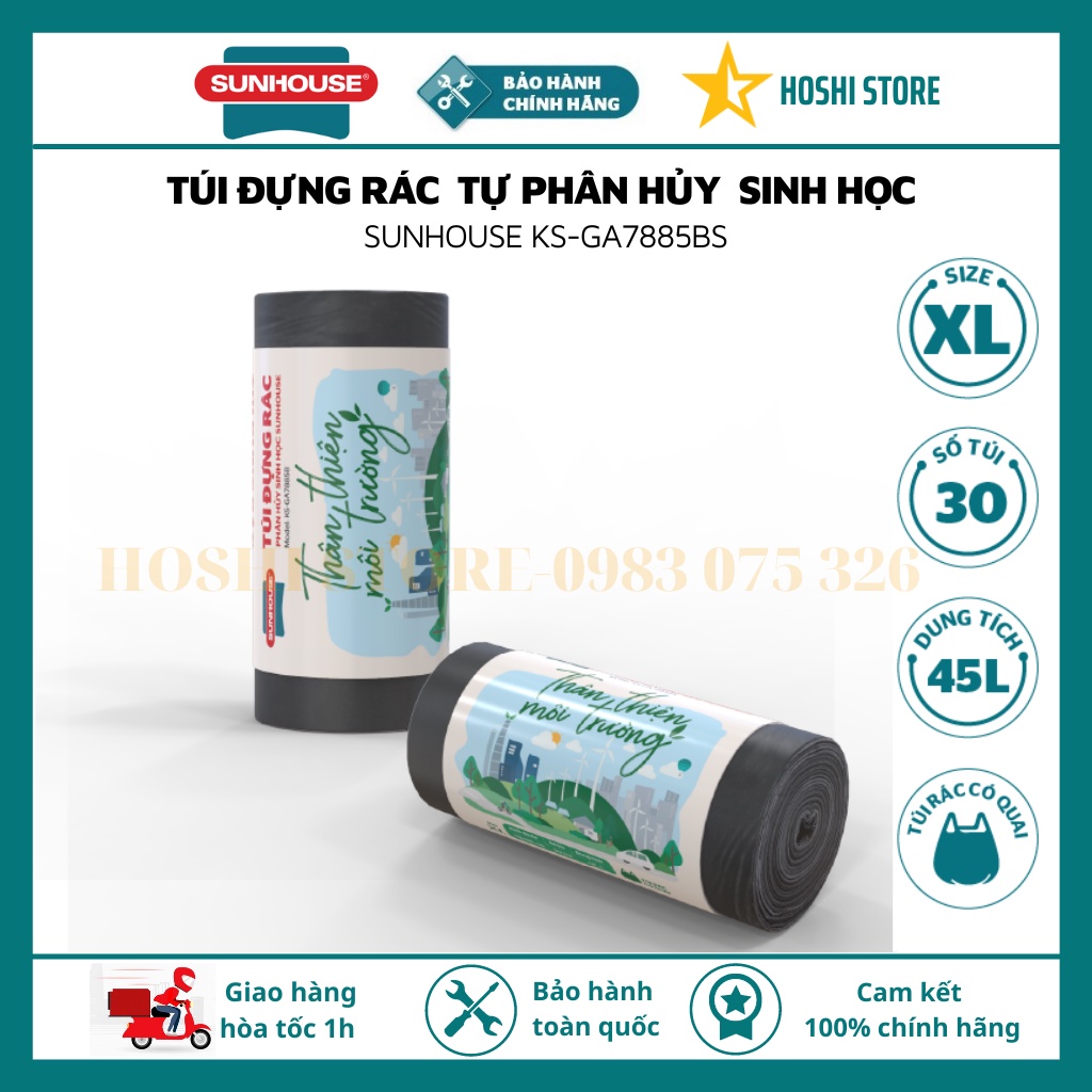 Túi đựng rác tự phân hủy sinh học SUNHOUSE KS-GA7885BS, cỡ lớn dung tích 45 lít, có quai xách