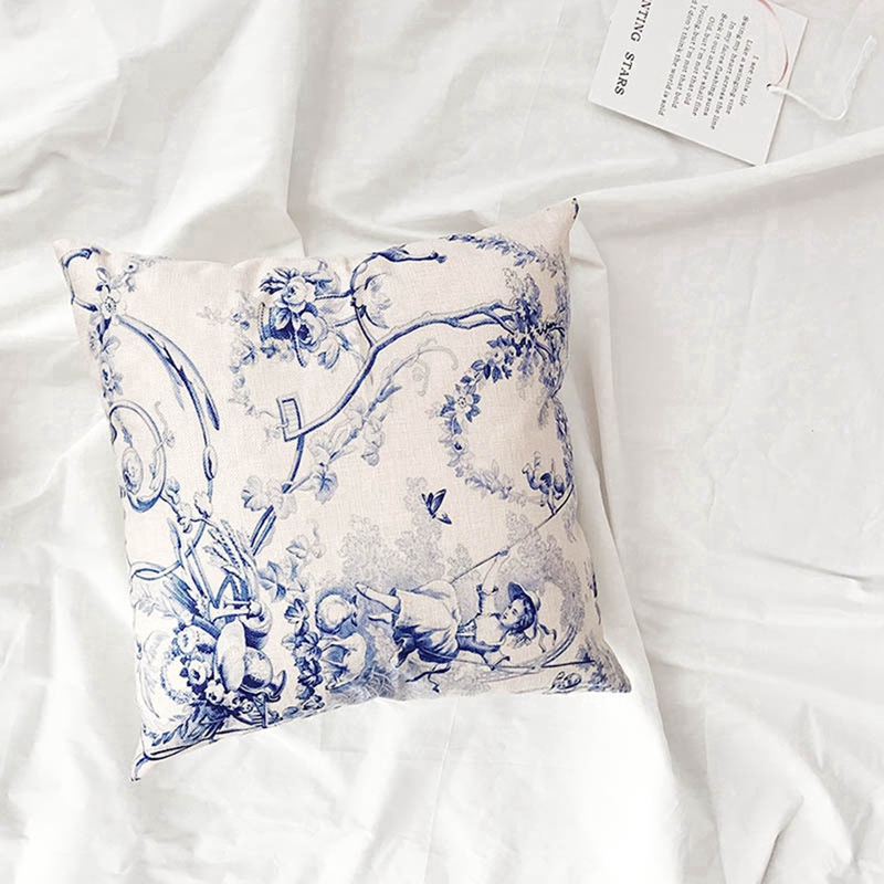 Vỏ Gối Cotton Lanh In Họa Tiết Hoa Màu Trắng Và Xanh Dương Phong Cách Trung Hoa Trang Trí Ghế Sofa