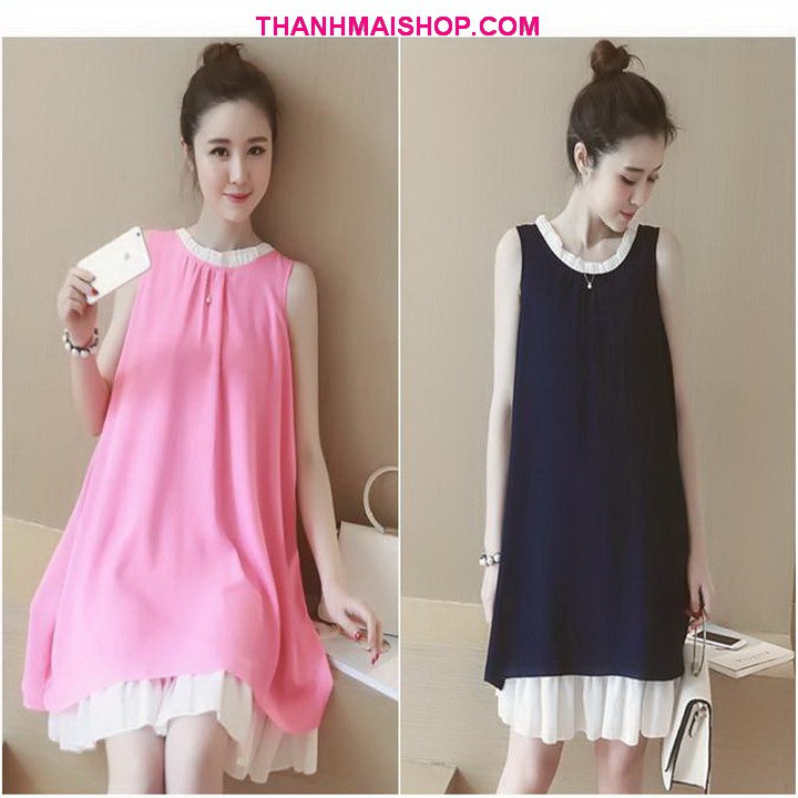 Đầm suông rộng QA181 cổ tròn phối bèo 2 lớp thời trang
