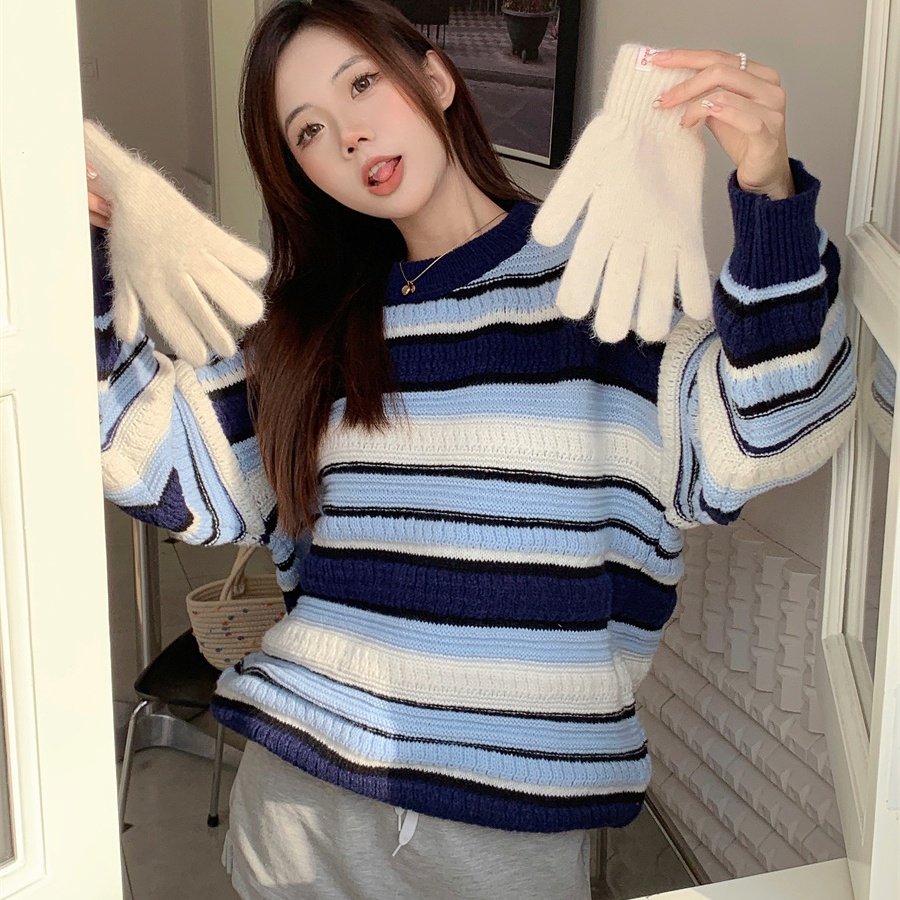 SUXI Áo Sweater Dệt Kim Cổ Tròn Hoạ Tiết Kẻ Sọc Cho Phái Nữ