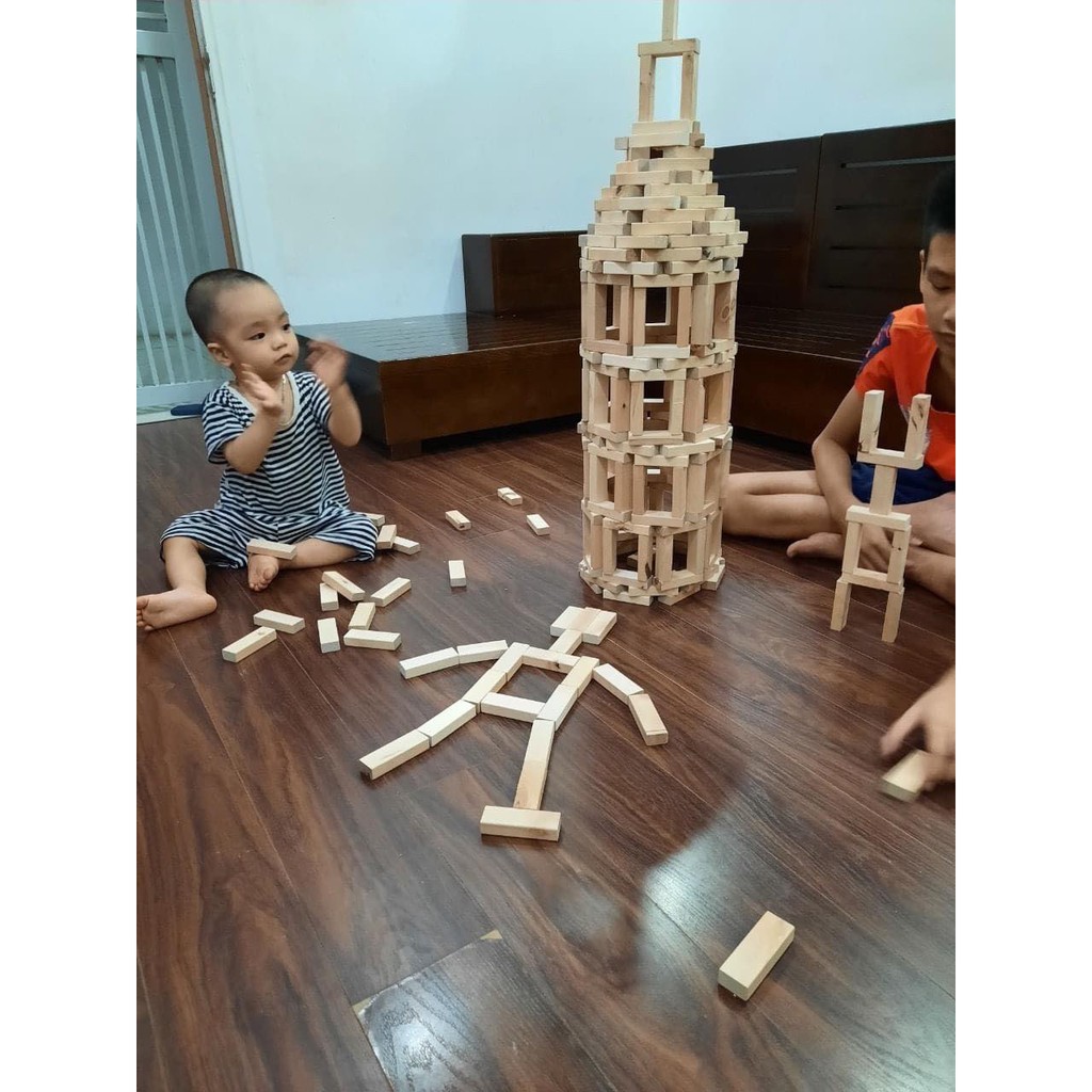 Bộ đồ chơi rút gỗ Jenga Montessori (Rút gỗ + xếp hình + Domino) tặng sách hướng dẫn chơi (1kg-55 thanh)