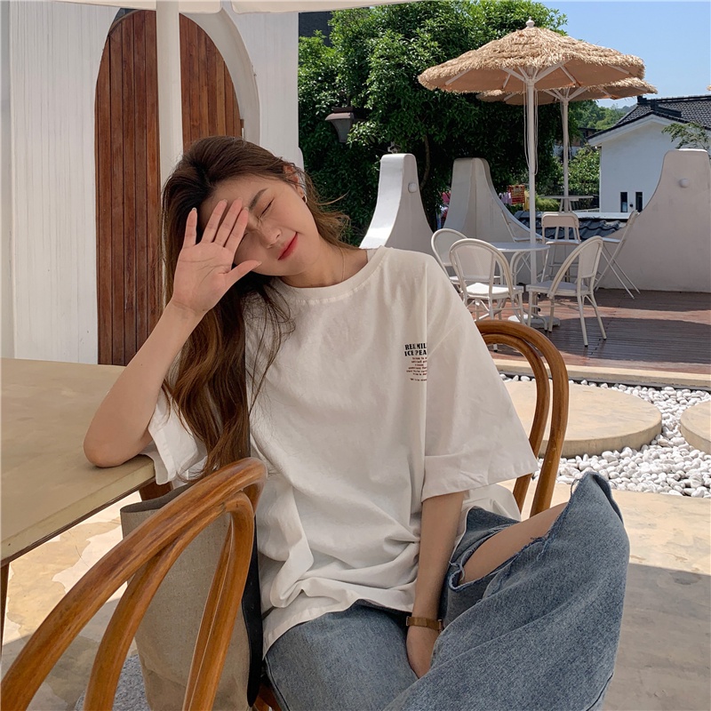 Áo thun ngắn tay cổ tròn dáng rộng in họa tiết chữ trẻ trung hợp thời trang