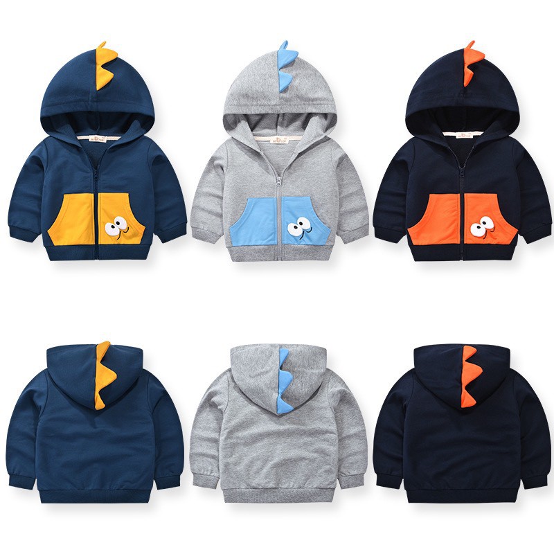 [Hàng xuất] áo khoác bé trai hoodie kéo khóa có mũ 1-10 tuổi hình khủng long nỉ da cá