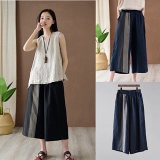 Quần Linen ống rộng freesize chất liệu thoáng mát phong cách Nhật