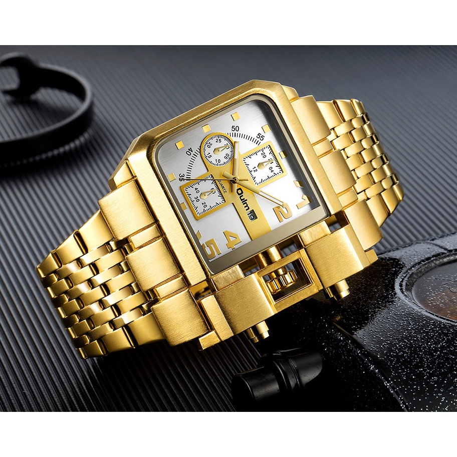 Đồng Hồ Quartz Oulm Mạ Vàng Có Hiển Thị Ngày, Dây Thép Không Gỉ