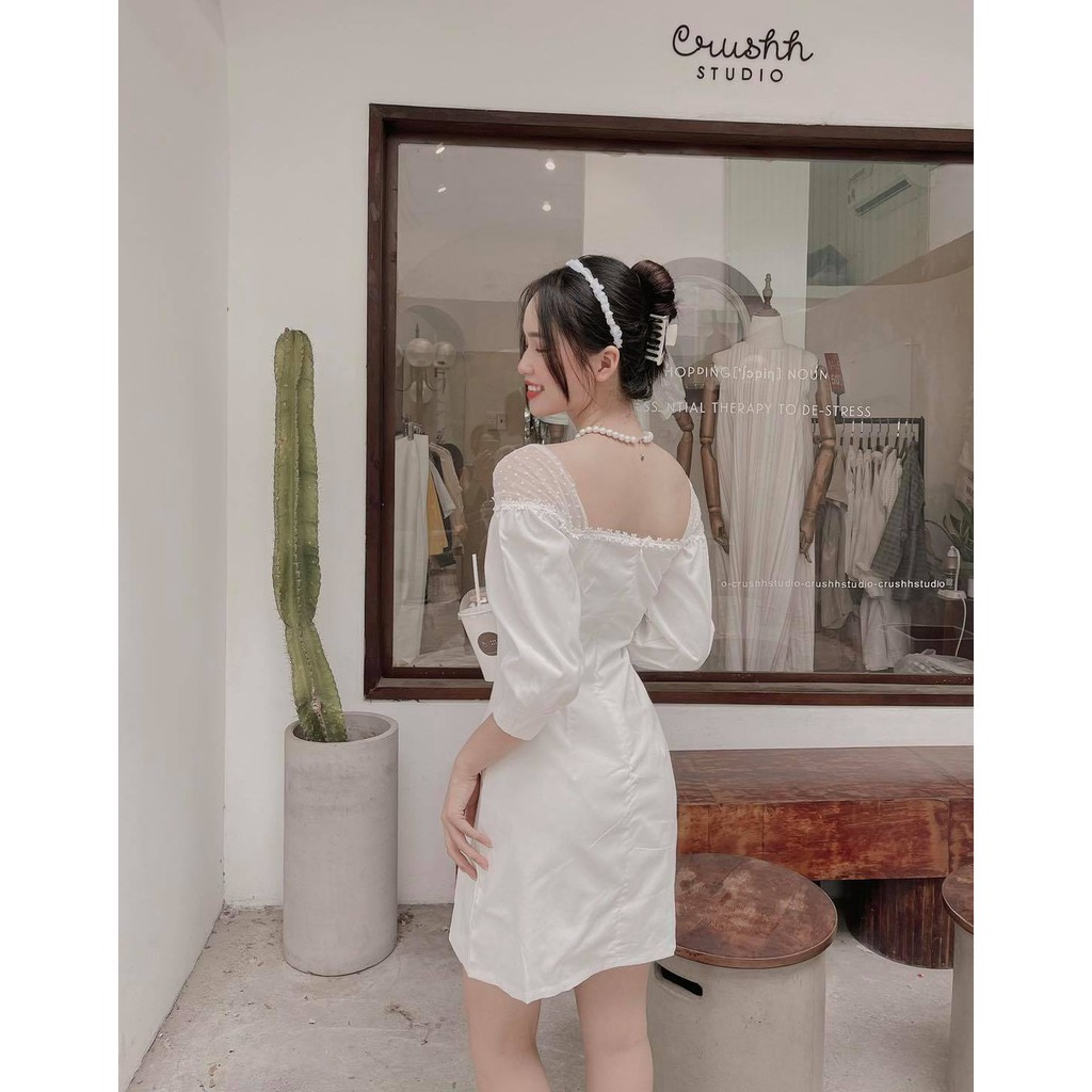 Đầm trắng trễ vai hihi dress dài tay phối ren