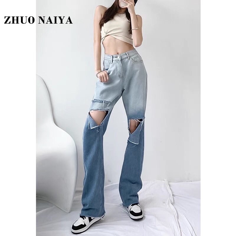 ULZZANG (SẴN) Quần jeans ulzzang ống rộng loang 2 màu rách gối cá tính FASHIONITA 2021 KÈM ẢNH THẬT CUỐI