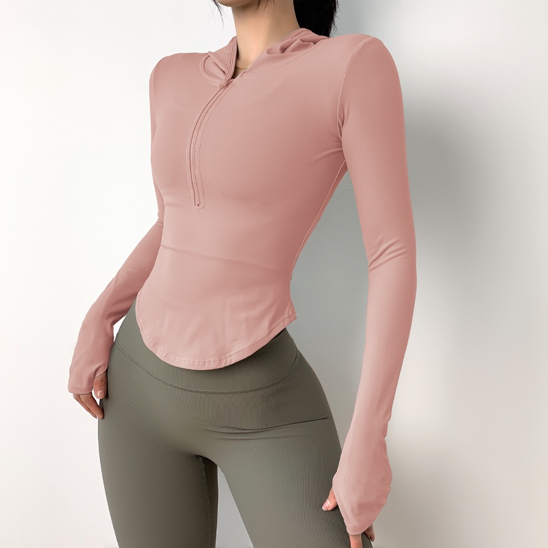 Áo tập yoga ANRAN tay dài dáng ôm có mỹ trùm và khóa kéo một nửa thời trang cá tính