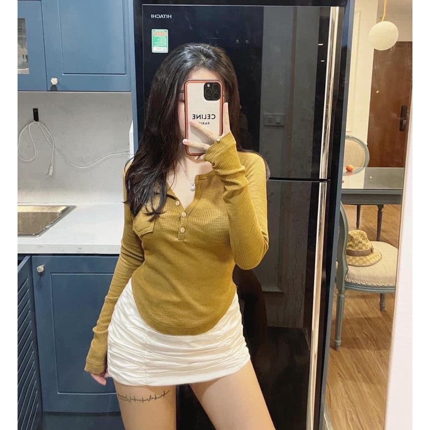 Áo croptop nữ dài tay thun tăm túi ngực Wikishop đen trắng vàng freesize form ôm tôn dáng cài cúc sexy tôn dáng C535