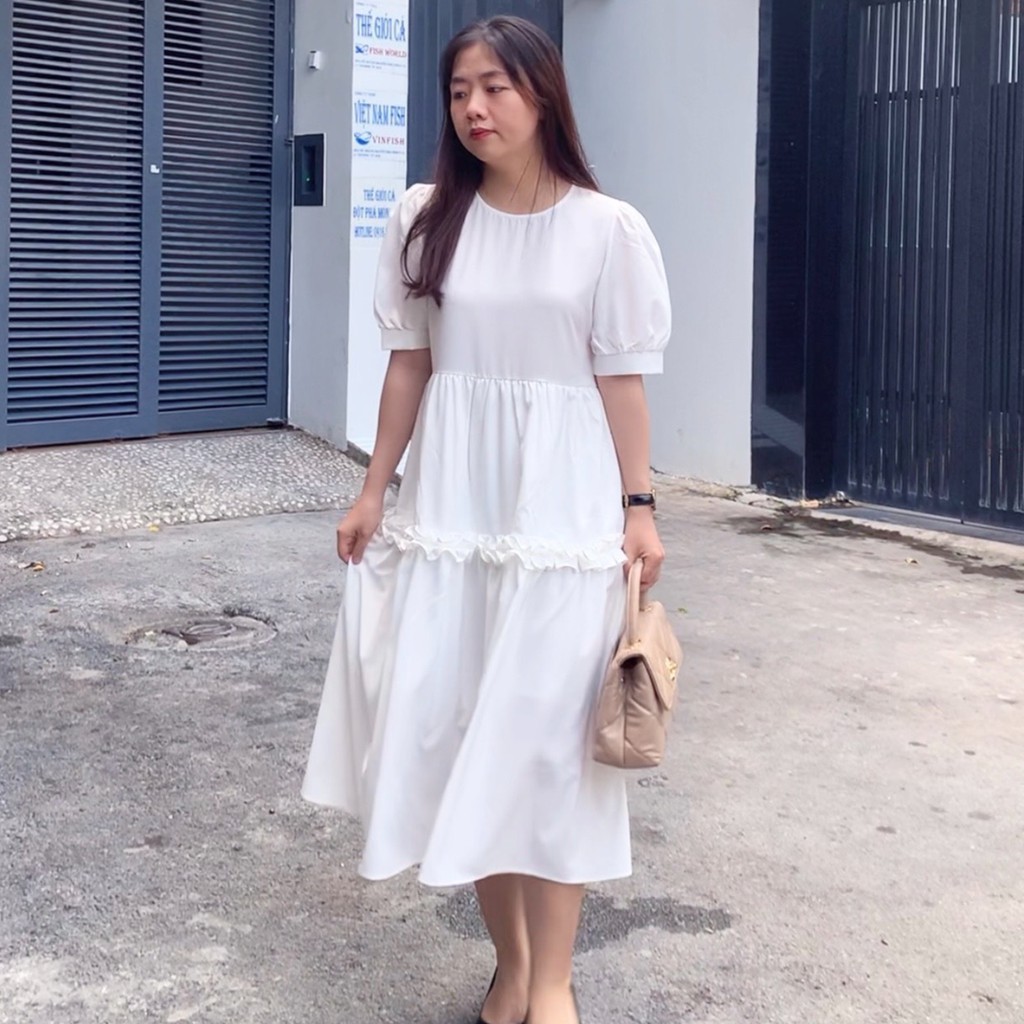 Váy baybydoll 3 tầng, cổ tròn, tay bo phồng, đầm xuông rộng freesize