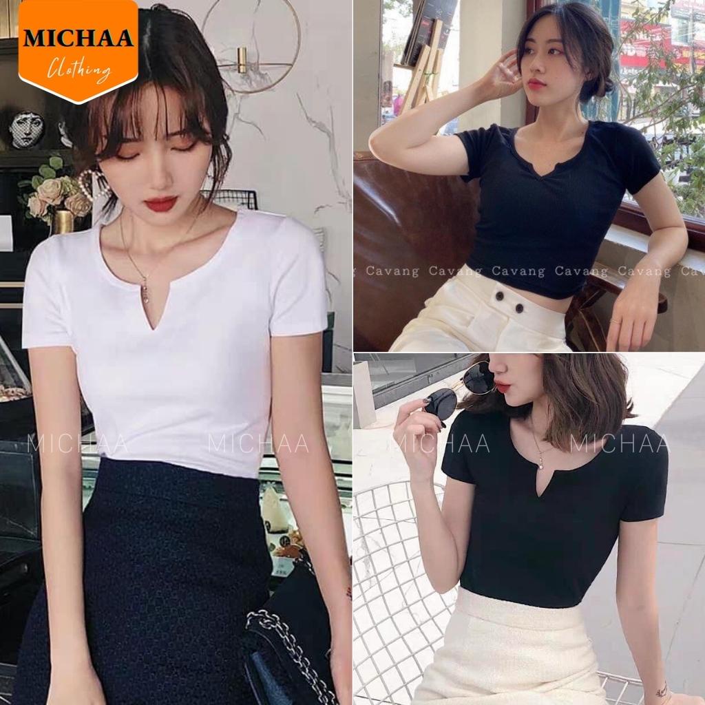 Áo Croptop Cổ KHOÉT CHỮ V Tay Ngắn Nữ Thun Cotton Phong Cách Gợi Cảm - MICHAA