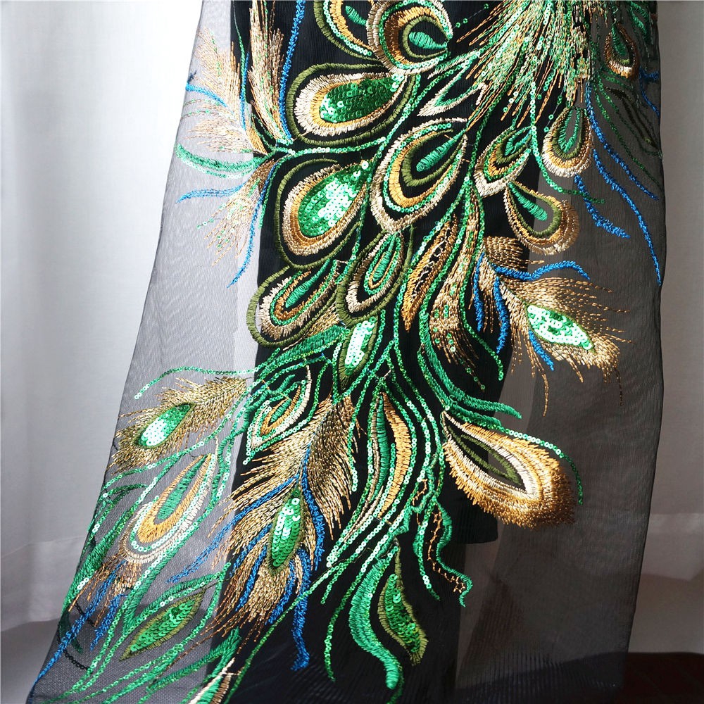 Vải Ren Thêu Hình Lông Công Màu Đen / Xanh Lá Đính Kim Sa Lấp Lánh Trang Trí Váy Cưới diy