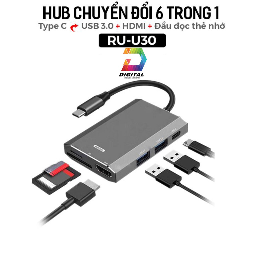 [Mã 44ELSALE2 giảm 7% đơn 300K] HUB Chuyển Type-C Ra USB 3.0 / HDMI / USB C / Thẻ Nhớ Chính Hãng Remax Tốc Độ Cao