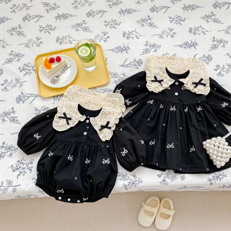 Bộ Áo Liền Quần Tay Dài Cổ Phối Ren Màu Đen Thời Trang Cho Bé Gái